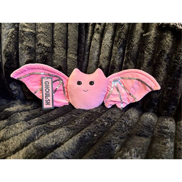 Ghoulish Pink Bat Plush Decorative Pillow Halloween Decor Silver Bling - Picture 1 of 6